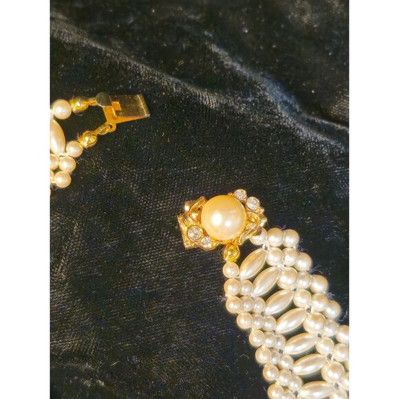 Vintage Gold-Toned Pearl & Rhinestone Choker Necklace With Elegant Layered Desig - Picture 3 of 8